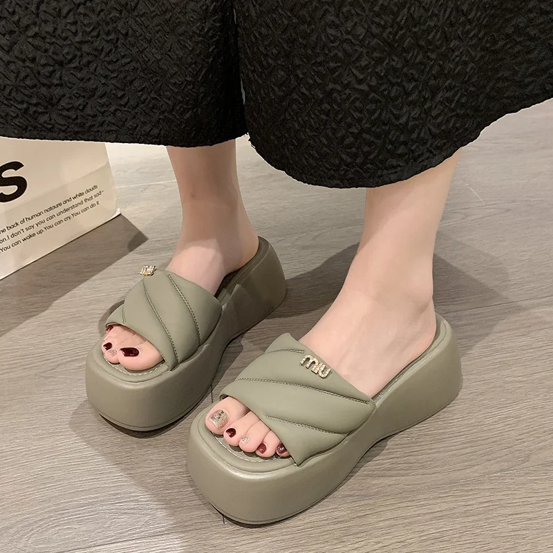 

7CM Platform Slippers Women Wedge Shoes Hidden Heels Summer Shoes Breathable Slides Beach Leather Flip Flops Shoe Chunky Sandals