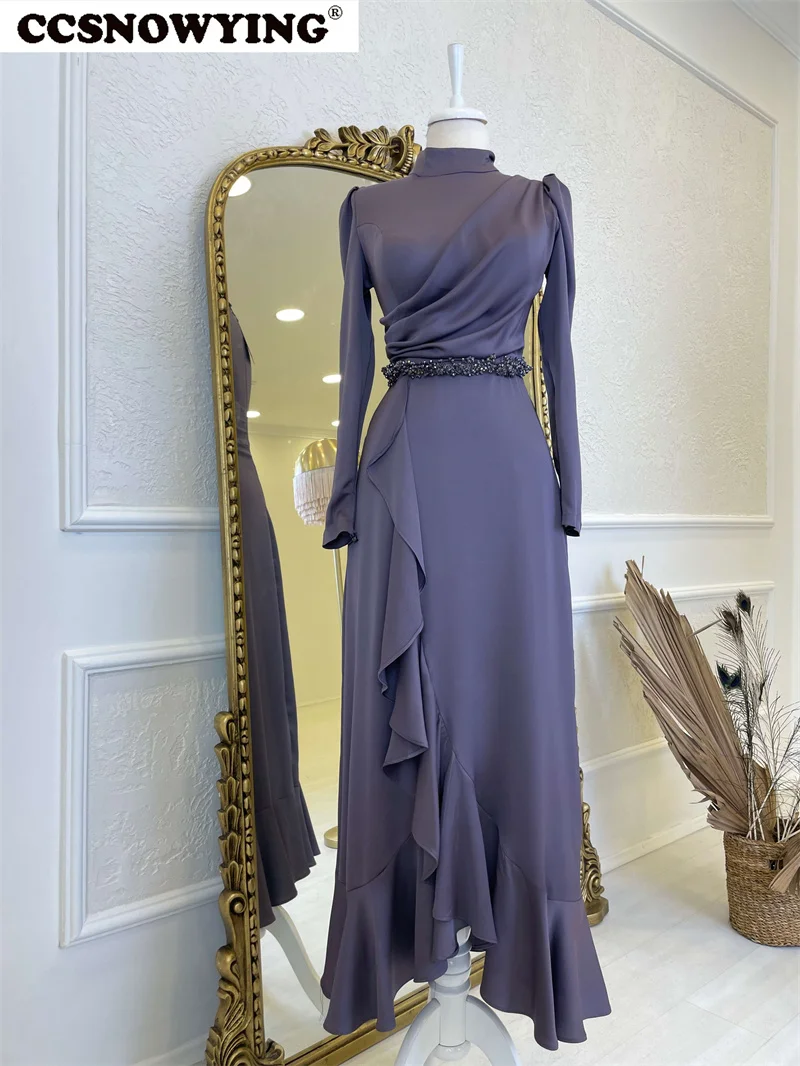 

Simple Satin Waist Beaded Muslim Evening Dresses Long Sleeve Islamic Formal Party Gowns High Neck Women Arabic Robes De Soirée