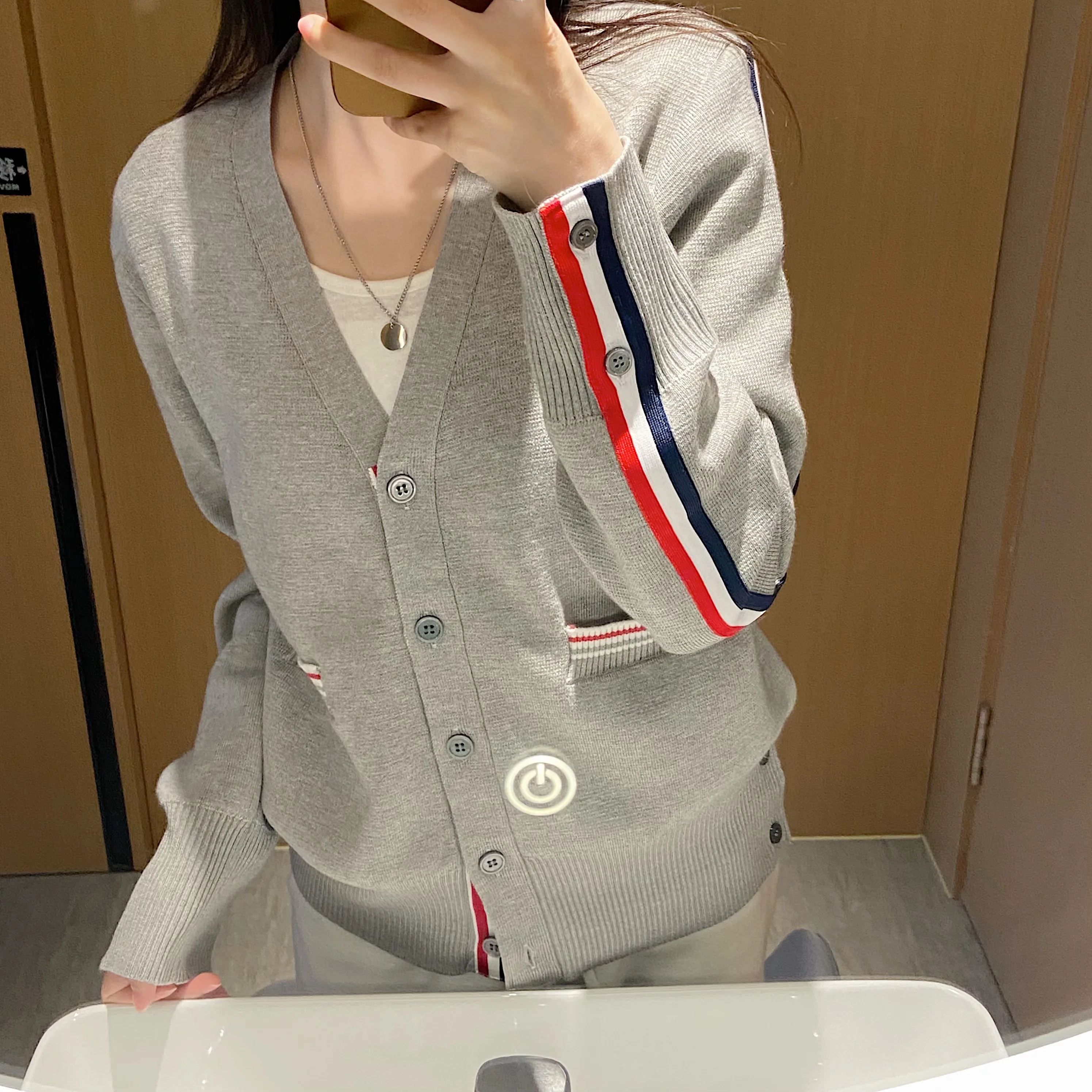

TB Wool Knitted Cardigan Women's V-neck Double Sleeve Stripe Color Contrast Slim Korean Spring and Autumn Sweater Top Coat