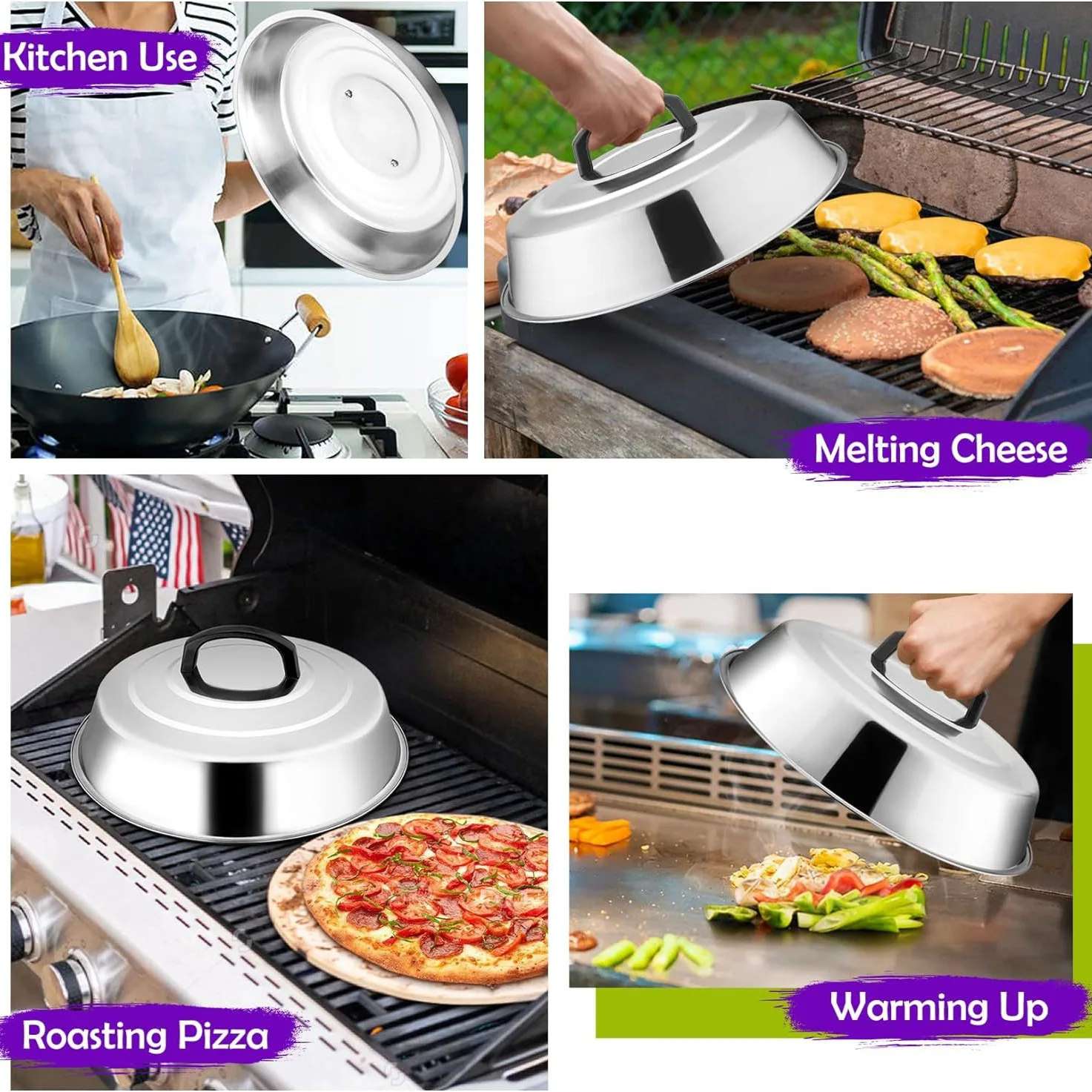 Burger Cover Round Griddle with Handle Stainless Steel Cheese Melting Dome For BBQ Steak Cooking Steaming 31CM