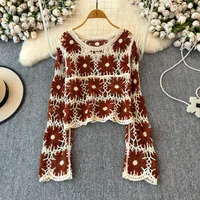 Daisy Crochet Knit Sweater Long Sleeve Sheer Open-knit Crop Knit Top Pullover for Women Teen-girl Fall Winter Boho Beach Outfit - Image 2