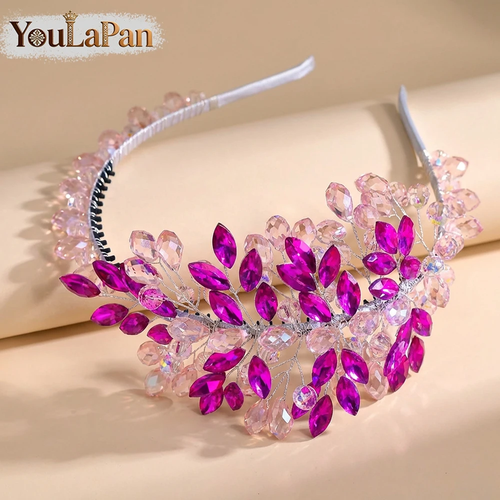 YouLaPan 패션 핑크 크리스탈 신부 머리띠 럭셔리 라인스톤 헤어 후프 웨딩 헤어 액세서리 신부 파티 A139