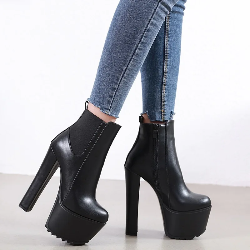 Comemore 16cm High Heel Women's Boot Winter Women Chelsea Ankle Boots Pipe Platform Thick Heels Women Shoes Elegant