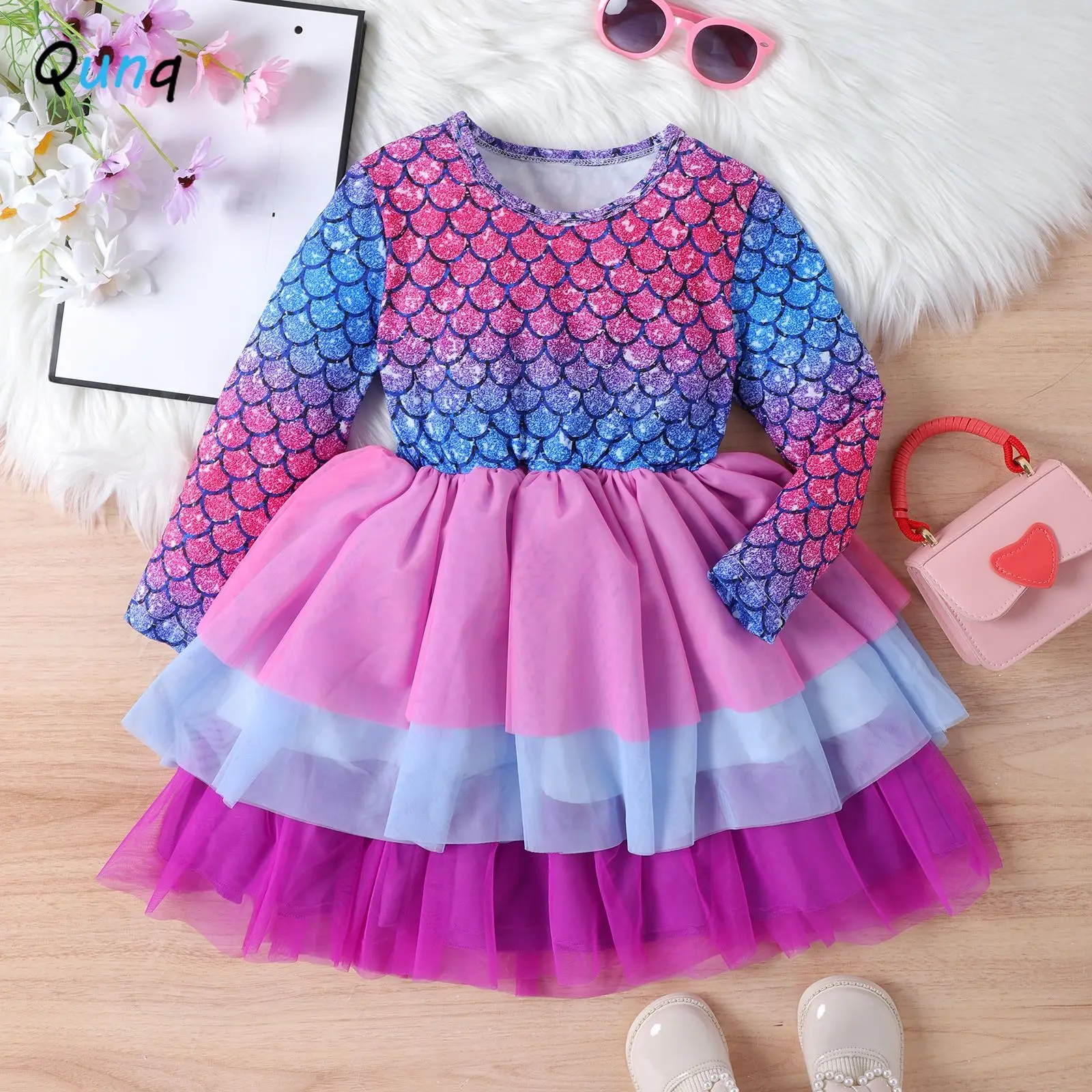 

Qunq 2023 Autumn Winter INS New Girls Fish Scale Print Long Sleeve Mesh Splice Lovely Cake Dress Casual Kids Clothes Age 3T-8T