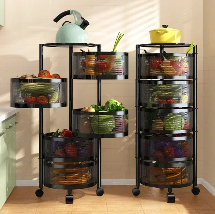Kitchen Storage Round Rotating Trolley Fruit Vegetable Floor Shelve Installation-free Racks Multi-storey Snack Flavoring Basket storage rack