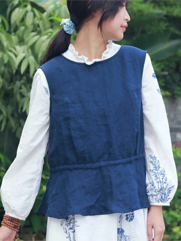 Johnature Women Double Linen Ruffled Vest O Neck Sleeveless Casual