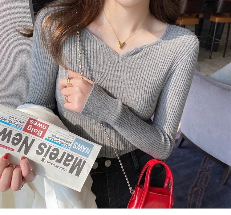 Women Slim V-Neck Bottoming Sweater Autumn Winter For Women Casual Pullovers Long Sleeve Knit Warm Office Sweater