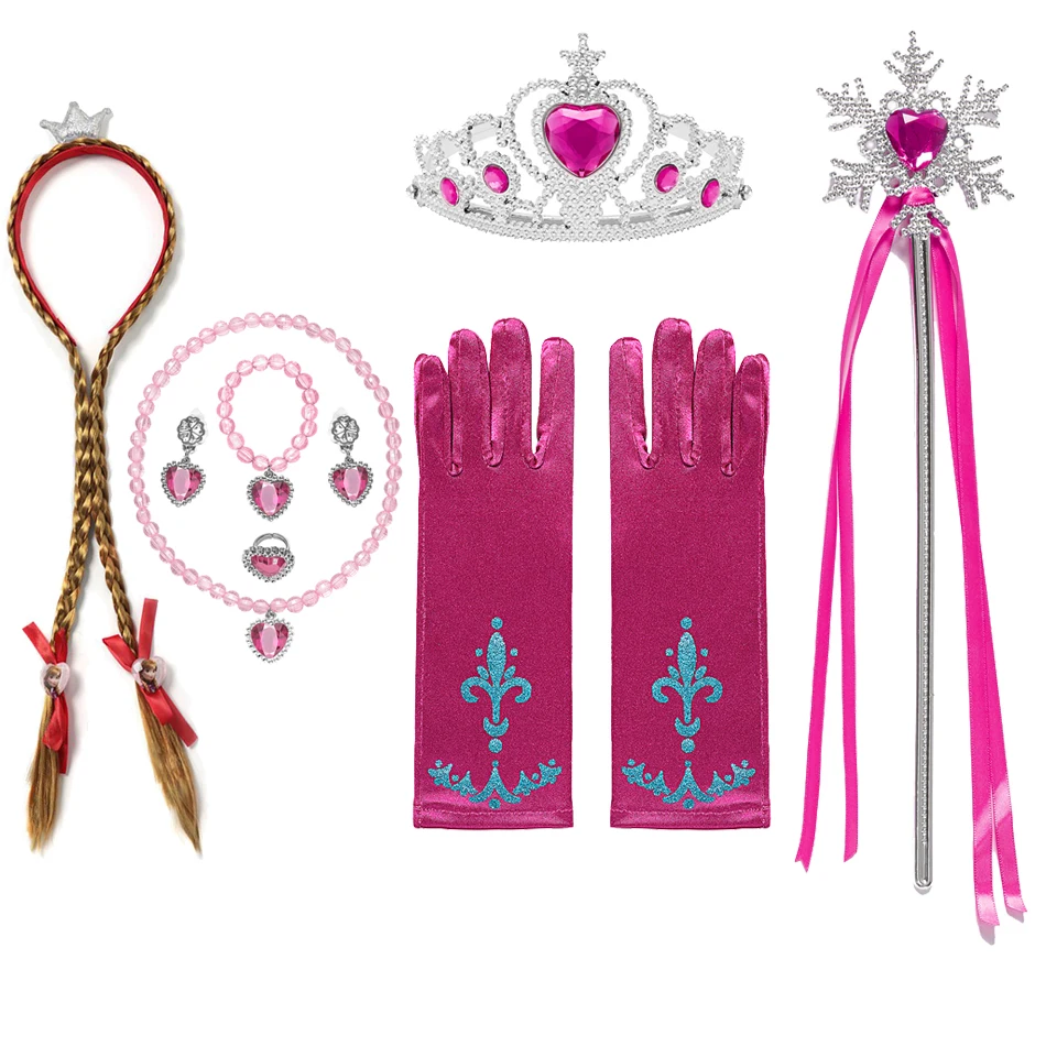 Girls Princess Dress Cosplay Accessories Gloves Wand Crown Jewelry Set Princess Wig Braid Dress Costume