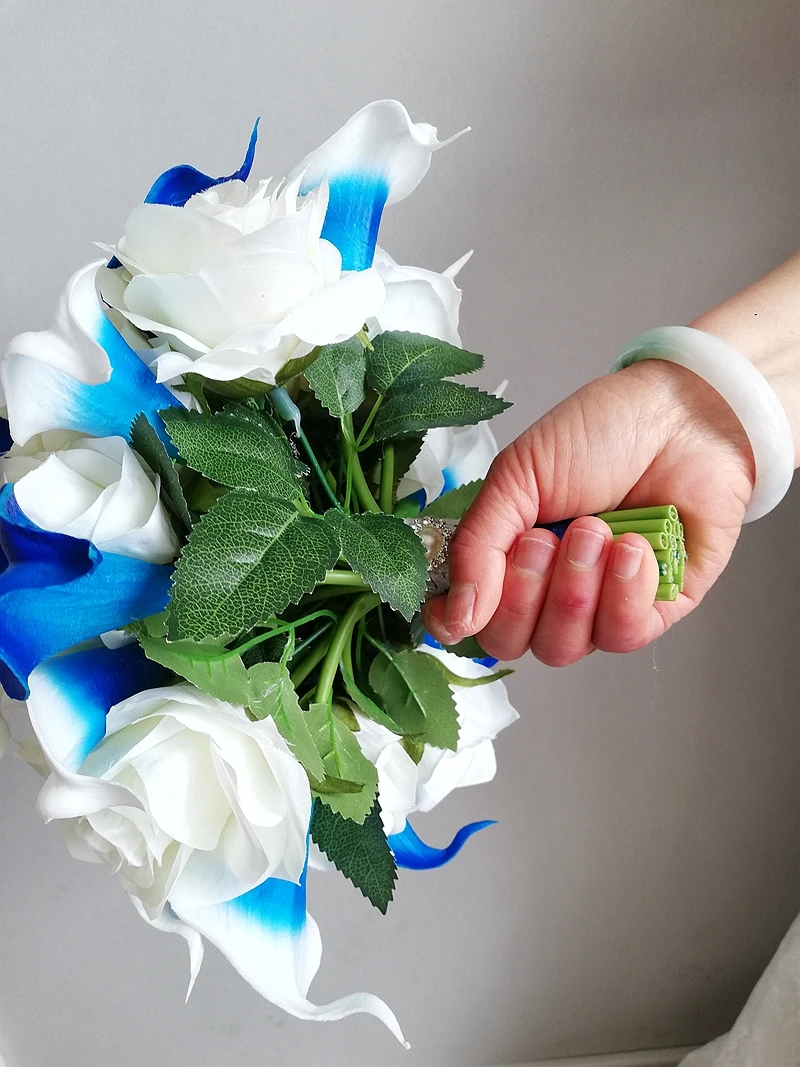 Royal Blue Calla Lilies with Ivory Rose Round Bridal Bouquet Wedding flowers Bridesmaid Bouquet