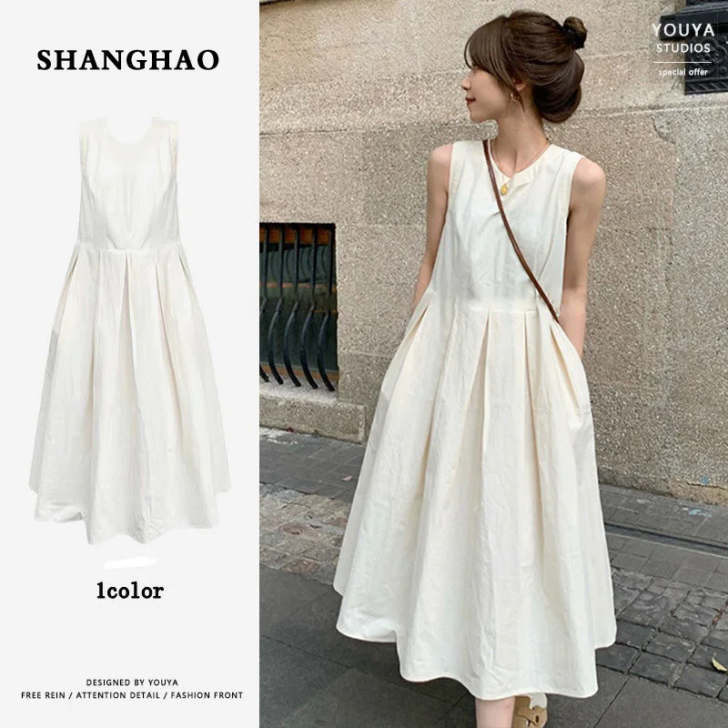 

2024New Summer Solid Elegant Sundresses French Y2k Dress Korean Fashion O-Neck Midi Dress Office Women Casual Dress with Pockets