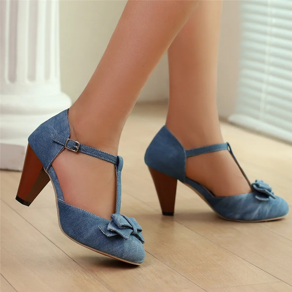 2024 Spring Summer Girls High Heel Shoes Denim Women's Pumps T-Buckle Fashion Spike Heels High Heels for Office Party Banquet