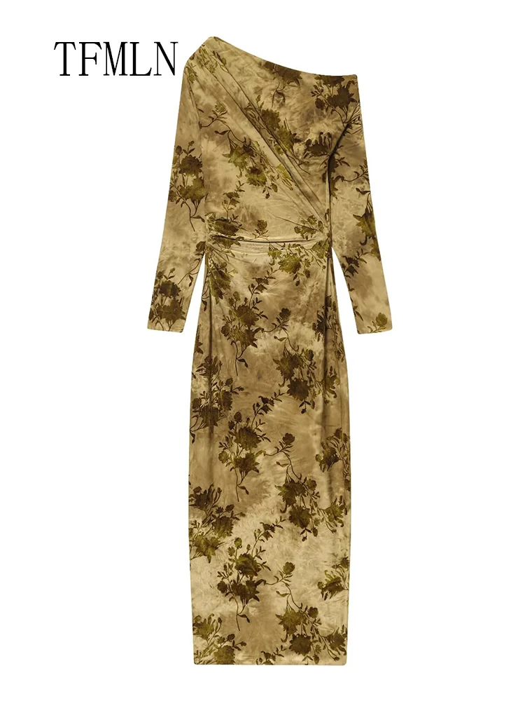 Elegant Women Asymmetrical Slim Dresses 2025 Autumn Fashion Causal Long Sleeve Pleated Party Dress Chic Sexy Printed Party Dress