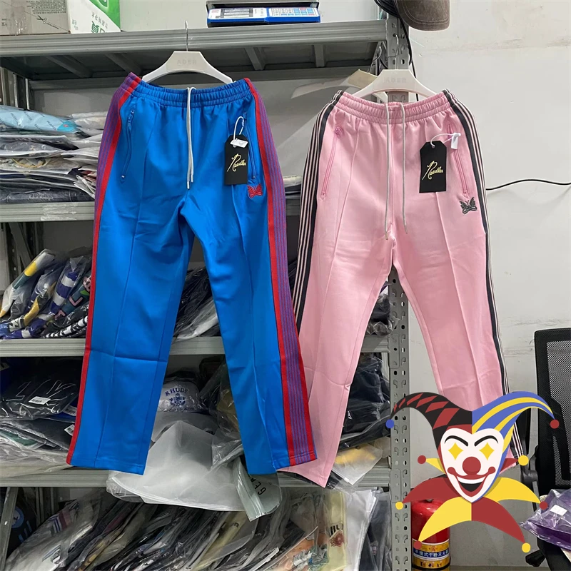 

Ribbon Striped Needles Pants Men Women Jogger Straight Stretch Sweatpants Butterfly Embroidery Zipper Pocket Trousers