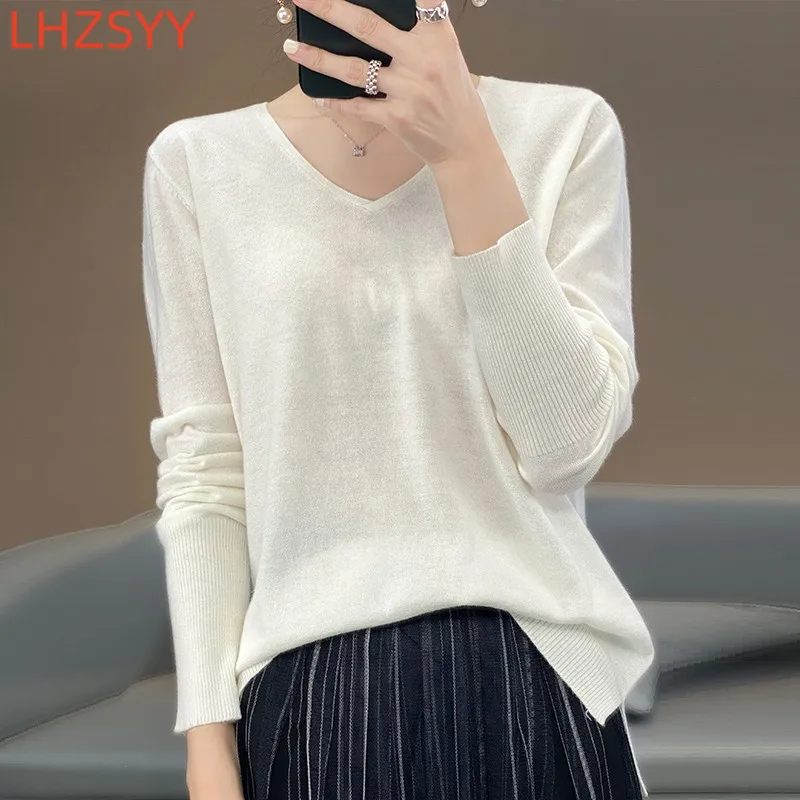 

LHZSYY V-Neck Worsted Cashmere Sweater Female Thin Blouse 2023 Spring Summer New Loose Long-sleeved T-shirt Knit Wool Base shirt