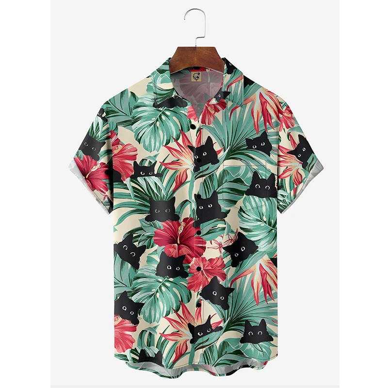 Hot New Men Fashion Luxury Hawaiian Holiday Beach Floral Cat Shirt Womens Clothes Blouse Best Ethnic Style Clothing 2024 Camisa 2