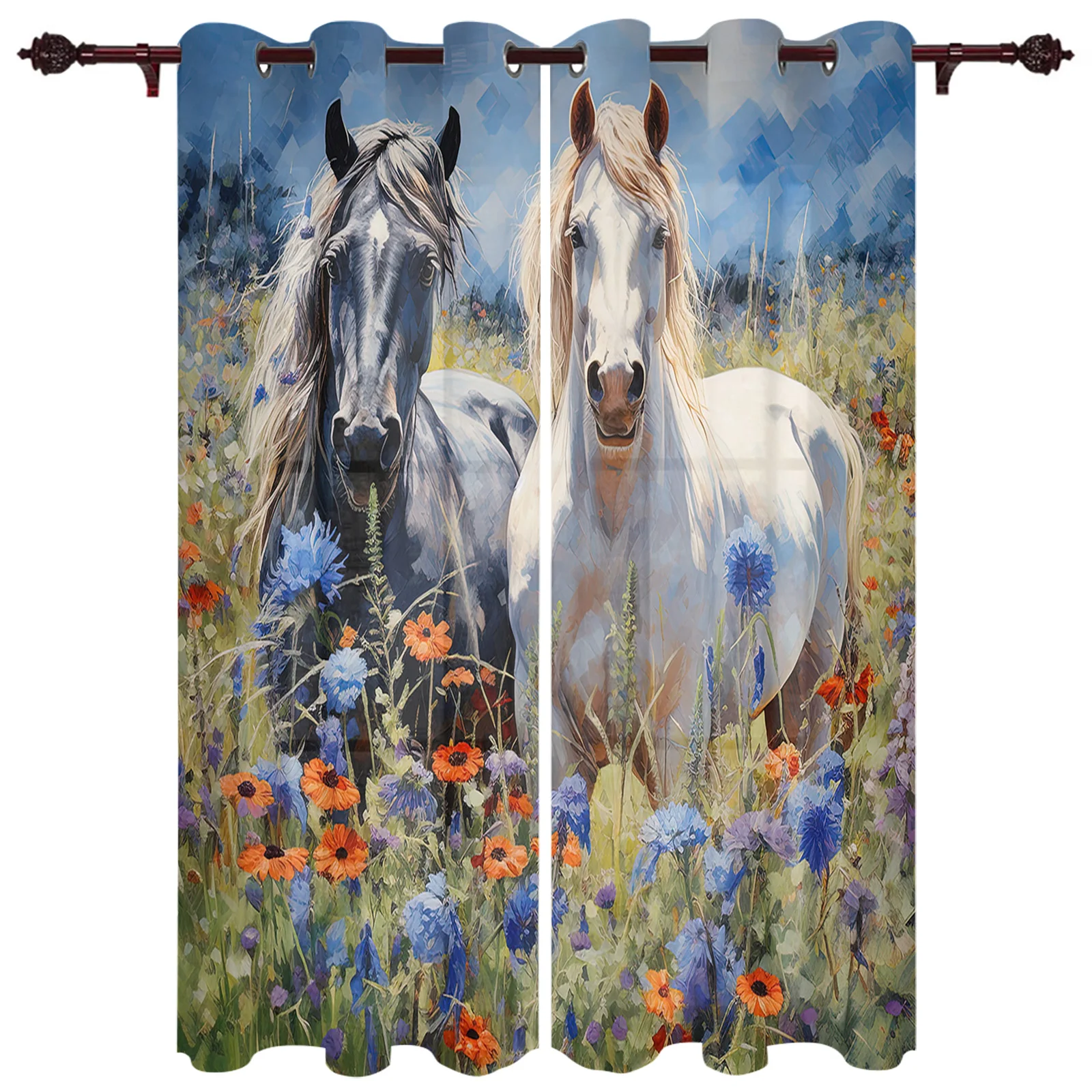 

Horse Watercolor Flower Window Curtains for Living Room Luxury Bedroom Curtains Coffee Kitchen Decor Drapes