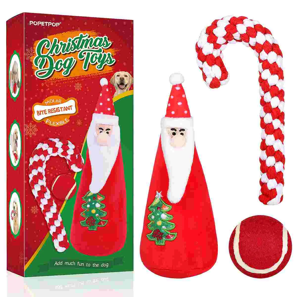 

POPETPOP 3PCS/Pack Christms Puppy Dog Toys Pet Squeaky Plush Toys Walking Stick Tumbler Ball Chew Toys