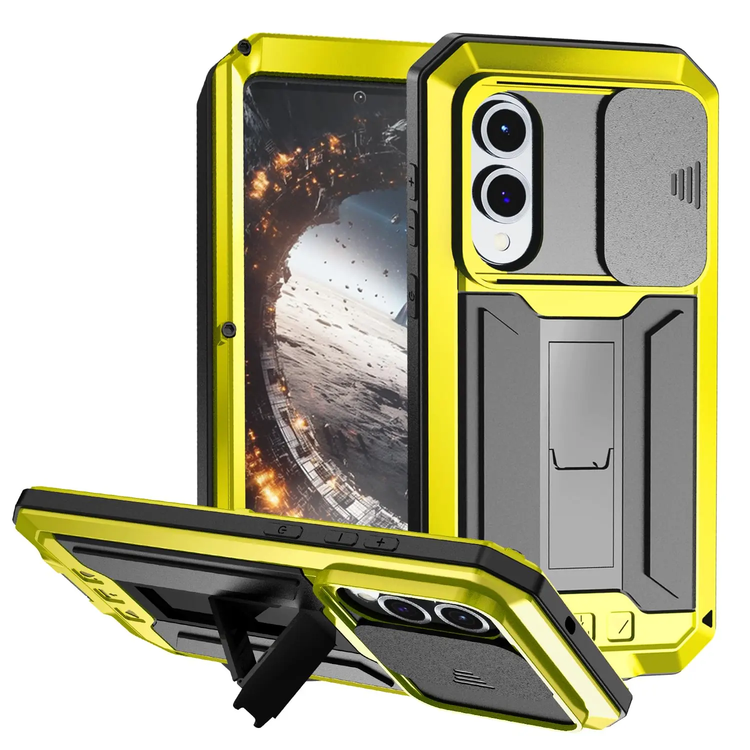 Premium Metal Case with Screen Protector, Slide Camera Cover, Kickstand, and Heavy Duty Shockproof Design