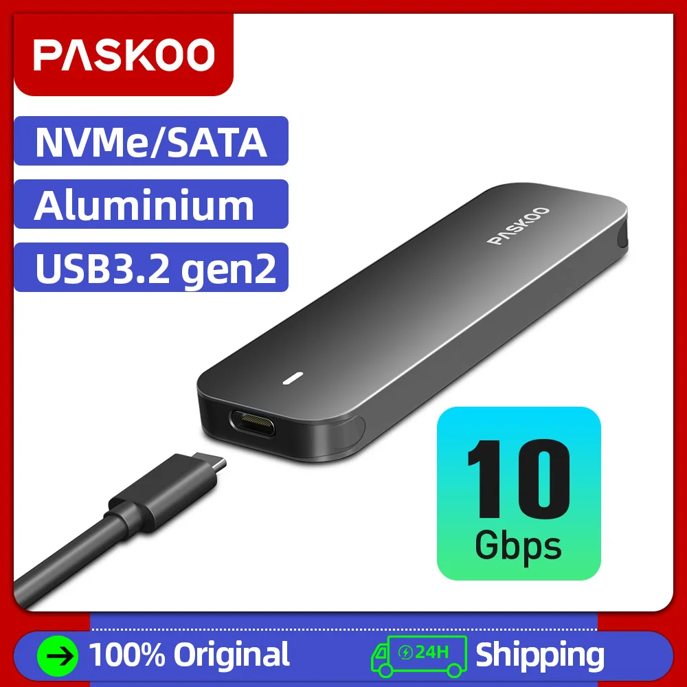 PASKOO M2 SSD 케이스, NVME SATA 듀얼 프로토콜 M.2-USB C타입 3.1 SSD 어댑터, NVME PCIE NGFF SATA SSD 디스크 박스 M.2 SSD 케이스