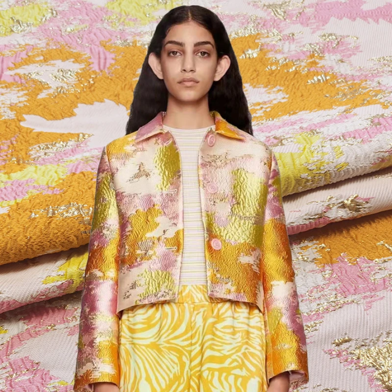 

Gold Silk Brocade Jacquard Fabric Fashion Trench Coat Dress Custom Clothing Cloth Design Sewing Wholesale Material by the Meter