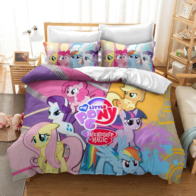 Juego de ropa de cama My Pony para niña, funda nórdica suave con estampado dibujos animados de unicornio, tamaño familiar, King y Queen, juego de almohada para el hogar _ -