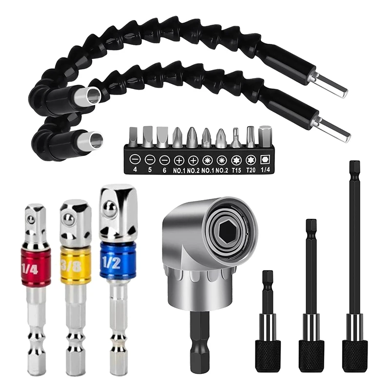 

1Set Multifunctional Black 19-Piece Hex Handle 105° Right Angle Drill Bit Attachment 3-Piece 1/4 3/8 1/2Inch Socket Adapter Kit
