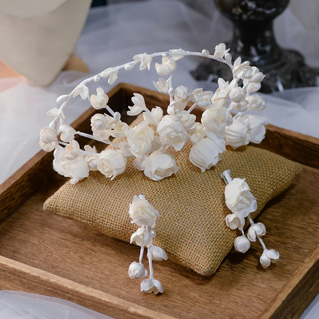Diademas florales Beige para novias, Tiaras con pendientes