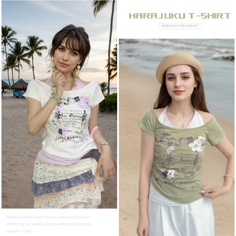 Vintage Retro Grunge Flower Print Crop Top - Y2K Summer Fashion Streetwear Halter Tee