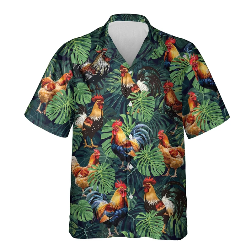 Men's Hawaii Shirt Cock Rooster Colorful Texture Short Sleeve Collar Top Fashion Streetwear 3D Printed Casual Chicken Clothing