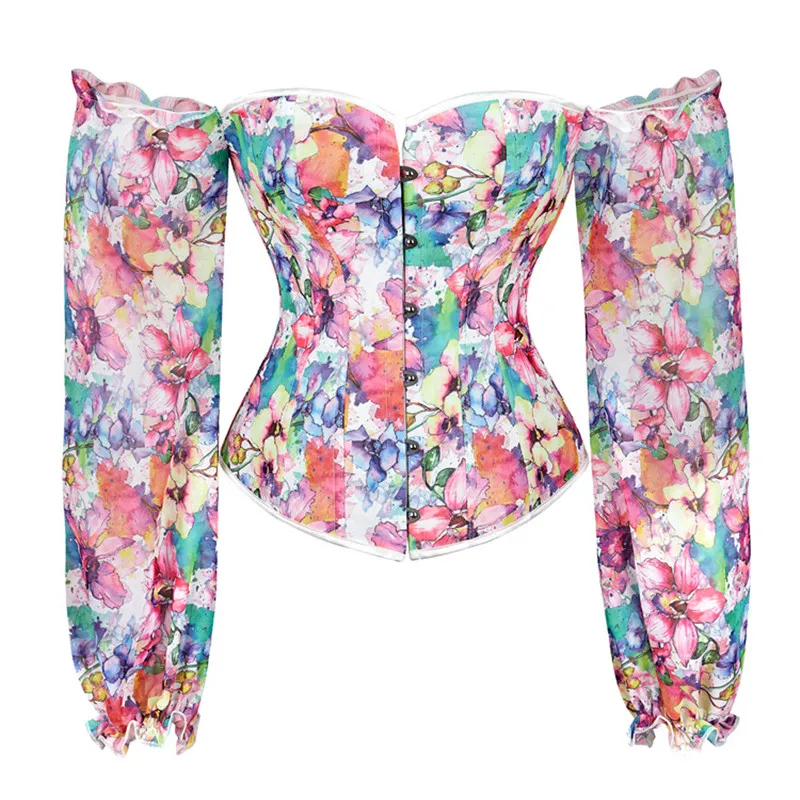 

Женский сексуальный костюм с цветочным принтом на рукавах, Готический викторианский корсет, тренажер для талии, бюстье, корсеты с открытыми плечами, топ с обхватом груди