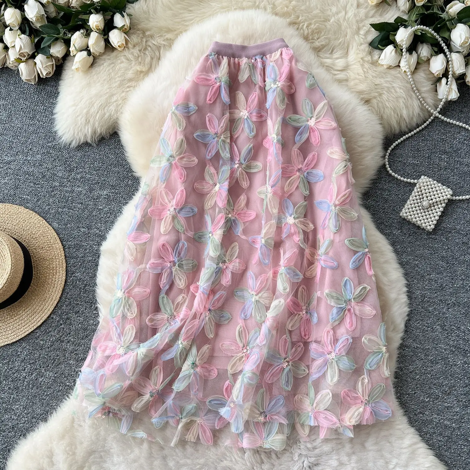 Autumn Winter Flower Embroidery Sequin Mesh Midi Skirts Women 2026 Korean Style Fashion Elegant High Waist Faldas