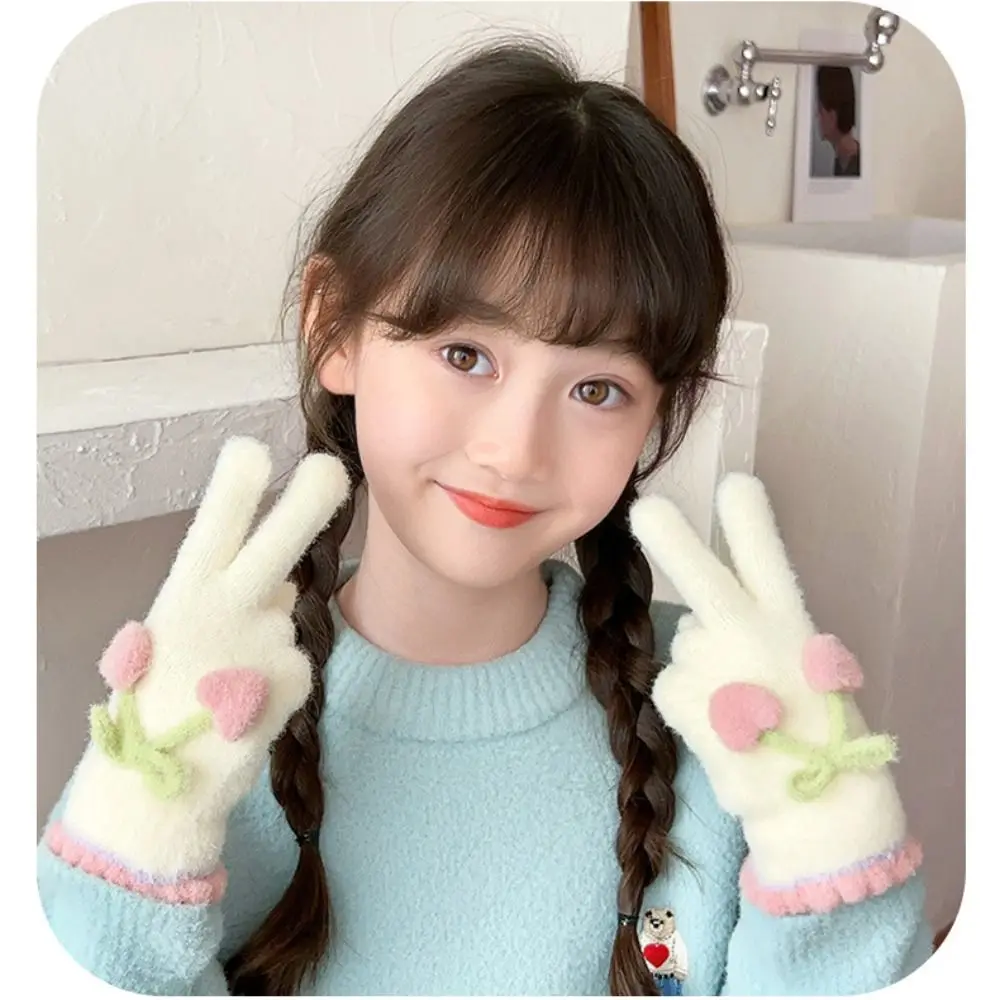 Cute Cherry Kids Knitted Gloves Thickened Winter Warm Children Full Fingers Gloves Plush Outdoor Sports Windproof