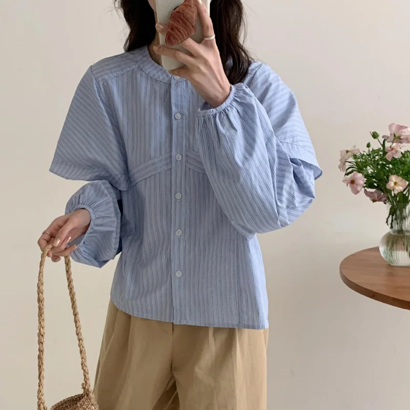 Korean Style 2024 Early Spring New Korean Style Elegant Striped Puff Sleeve Ruffled round Neck Single-Breasted Shirt Women's All