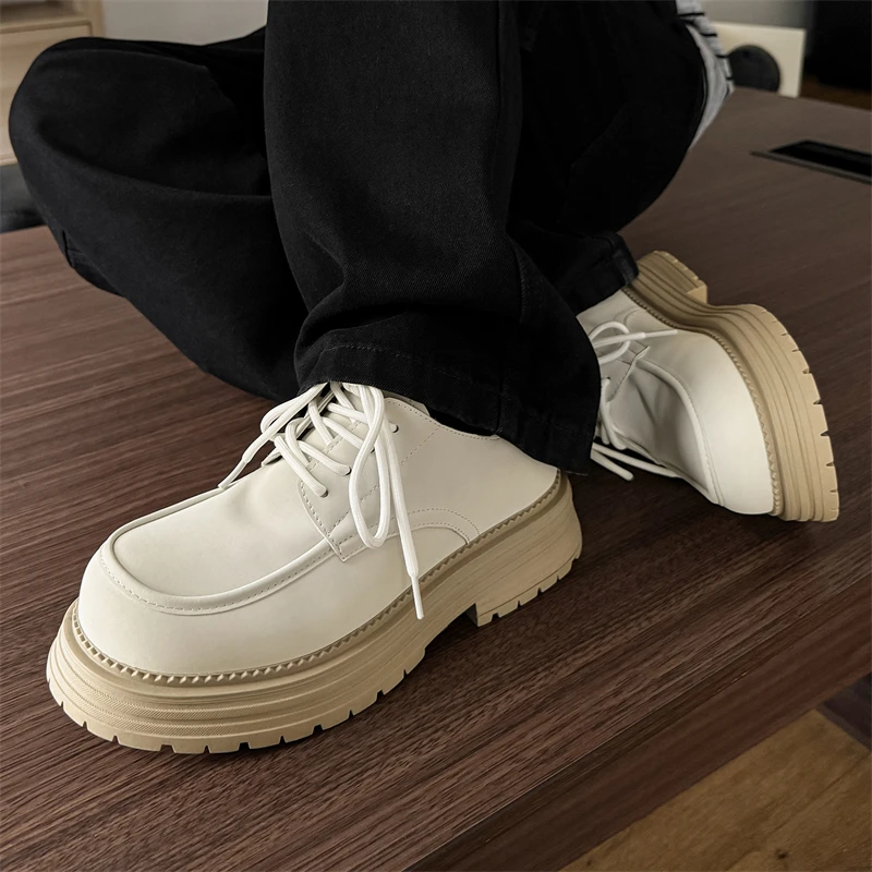 Men's Thick Soled Lace Up Leather Minimalist Designer Style Work And Party Outdoor Trendy Streets Young People's Shoes_voghion.com