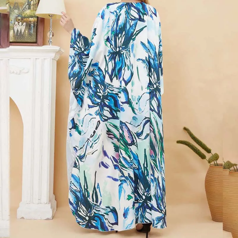 Long Printed Islamic Dress Bohemian O-neck Loose Muslim Women's Abaya Sequins Kimono Women Clothes Saudi Arabia Bat Sleeve Robe