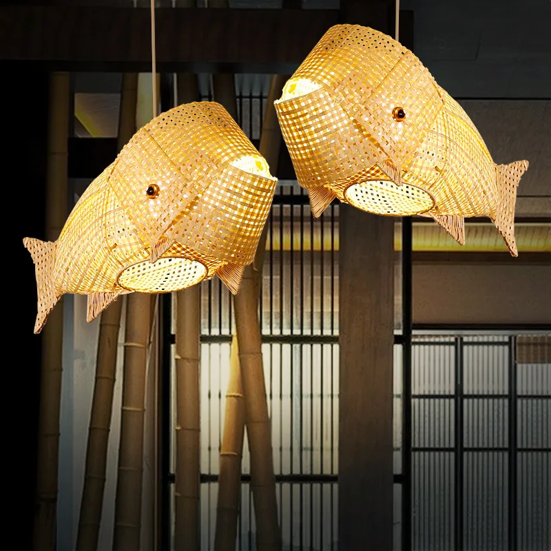 

Carp lamp bamboo and wood chandelier, suitable for lighting, restaurant, garden, dining room, living room, manual chandelier