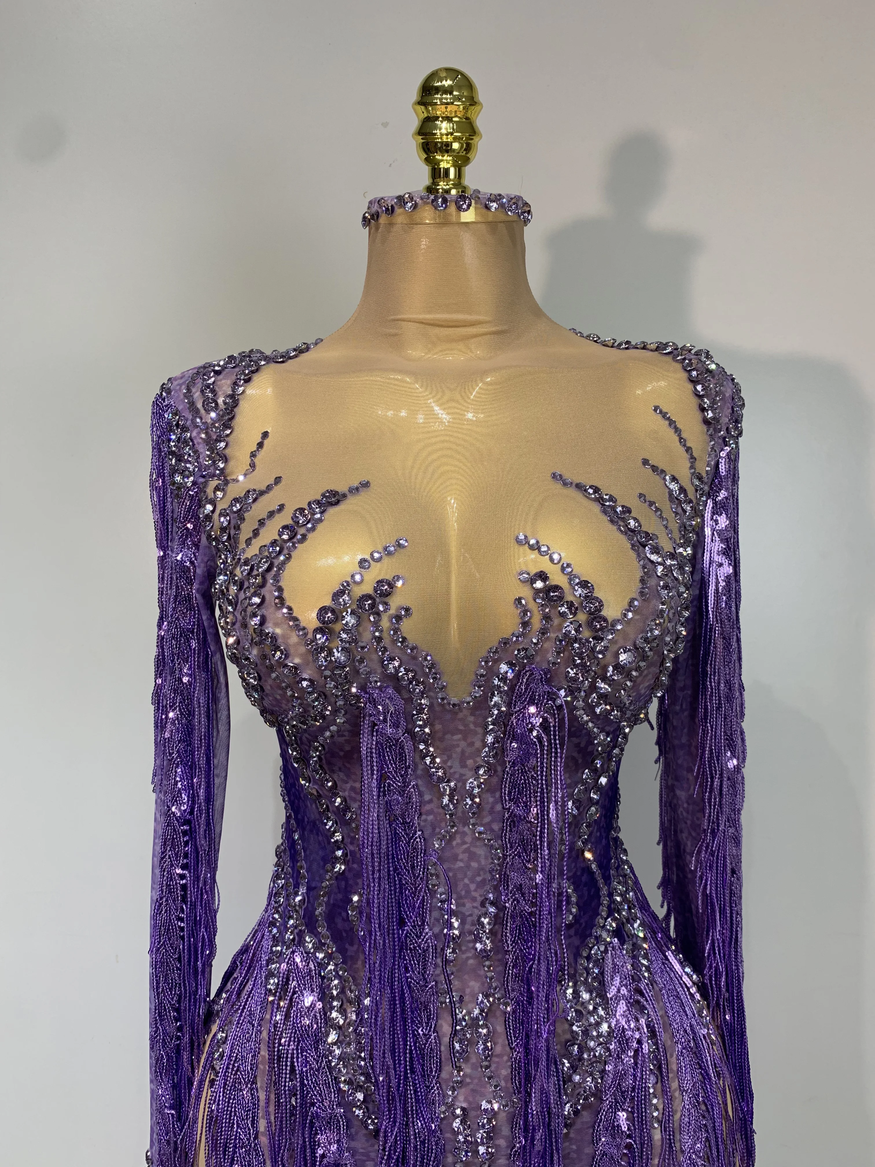 Women Sparkly Diamond Purple Tassel Long Sleeves Mesh See Through Dress Latin Dance Outfits Bar Nightclub Party Club Stage Wear