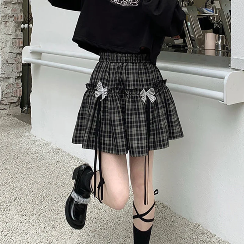 

Biyaby Kawaii Lolita Plaid Skirt Women 2022 Summer Bowknot High Waist A-Line Mini Skirts Woman Japanese Style Goth Skirt Female