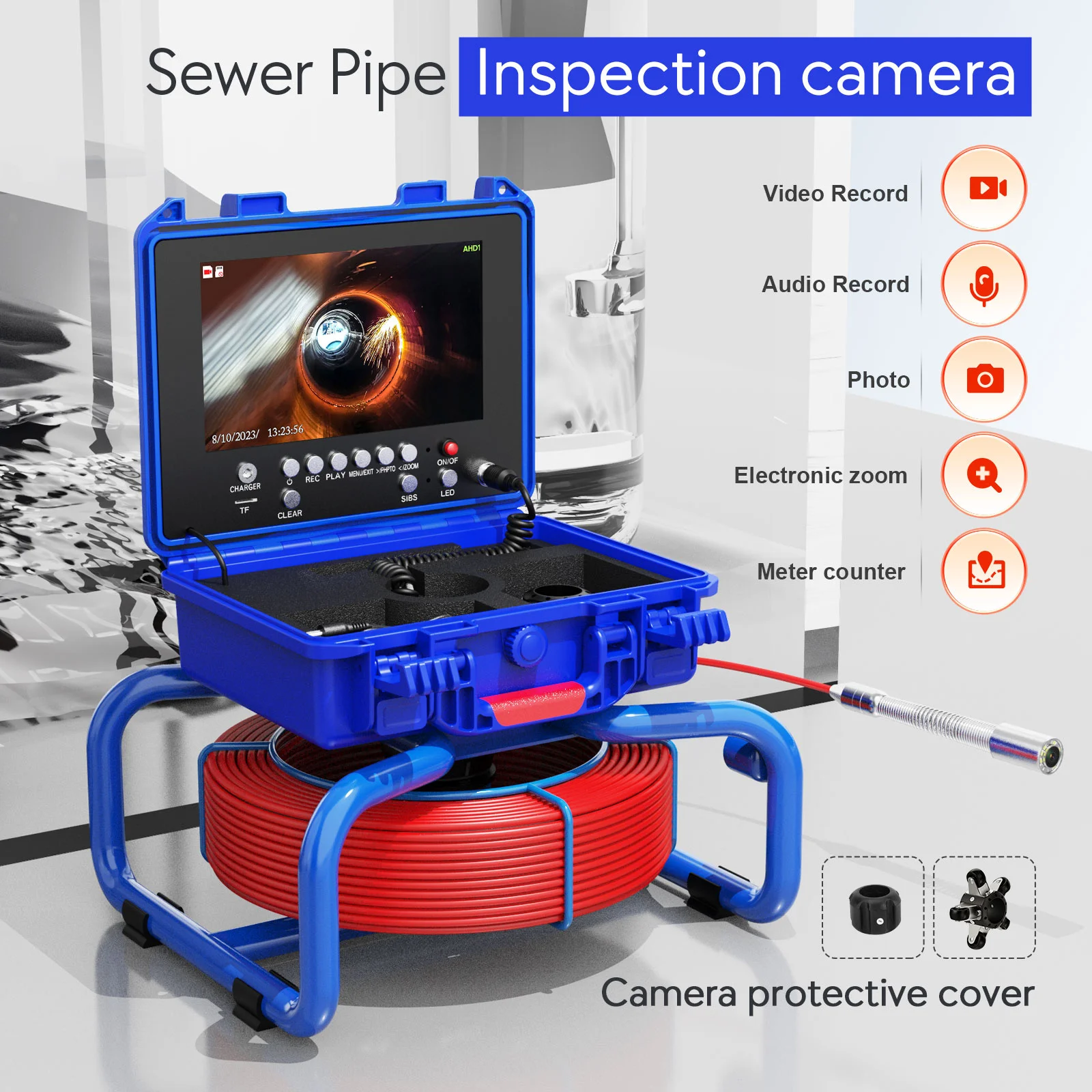 Sewer Inspection Camera 9" Meter Counter DVR Drain Sewer Video Endoscope Borescope camera with Self-Leveling 512HZ Locator 3