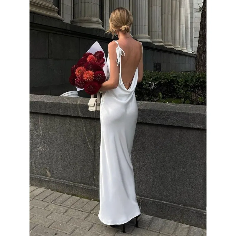 Women¡®s Sexy High Silt Spaghetti Strap Chain Long Dress V Neck Sleeveless Lace Up Backless Loose Evening Club Party Dress