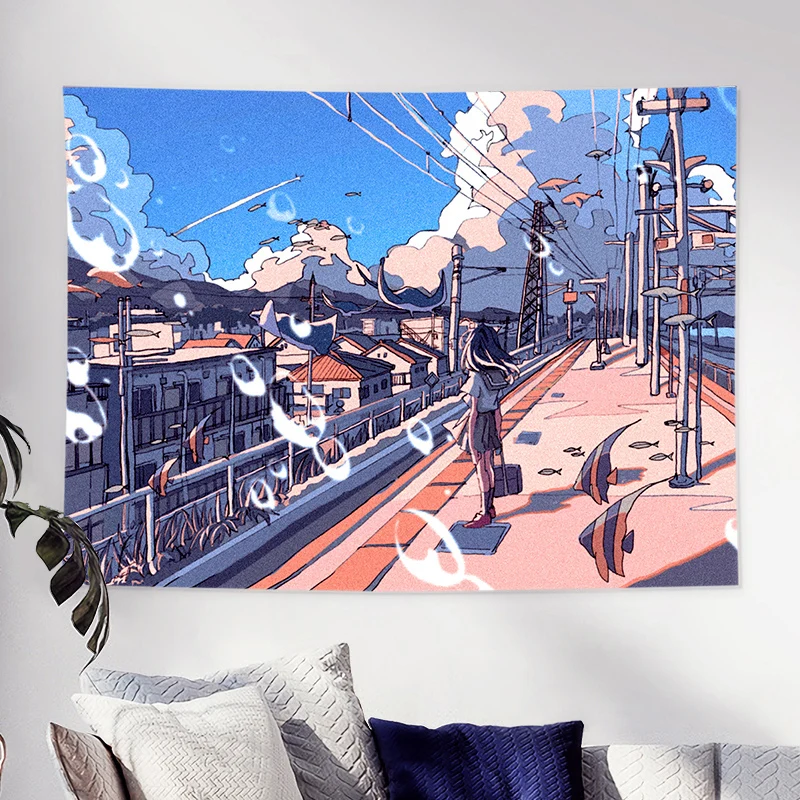 Japanese Hand-painted Illustration Printed Tapestry Cartoon Anime Whale City Landscape Tapestry Wall Hanging Kawaii Room Decor tapestry decor anime wall decor