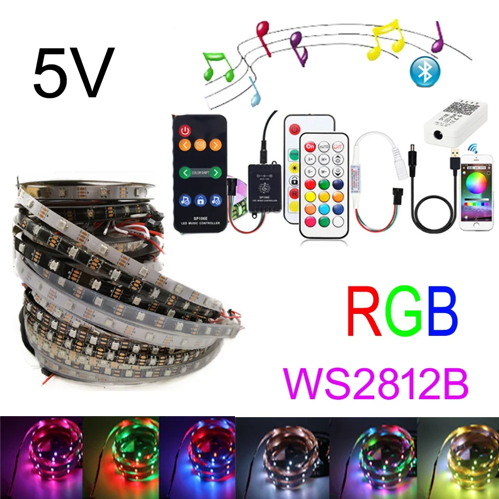 1M-5M 5V USB WS2812B Smart Pixel Led Strip Light RF Bluetooth-compatible Music Controller Addressable TV Back Under Cabinet Lamp