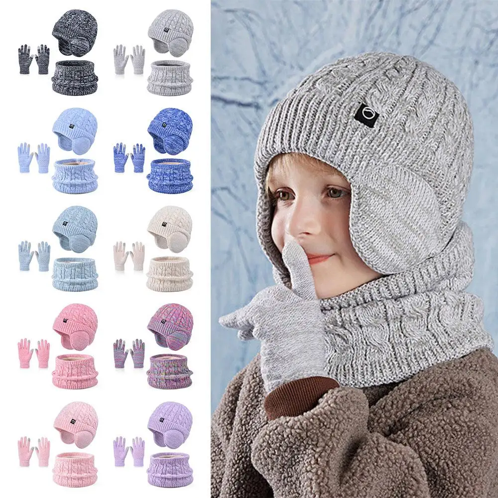 Fleece Lined Children's Hat Neck Scarf Gloves Set Winter Warm Kids Earflap Beanies Thick Ear Protection Skull Caps