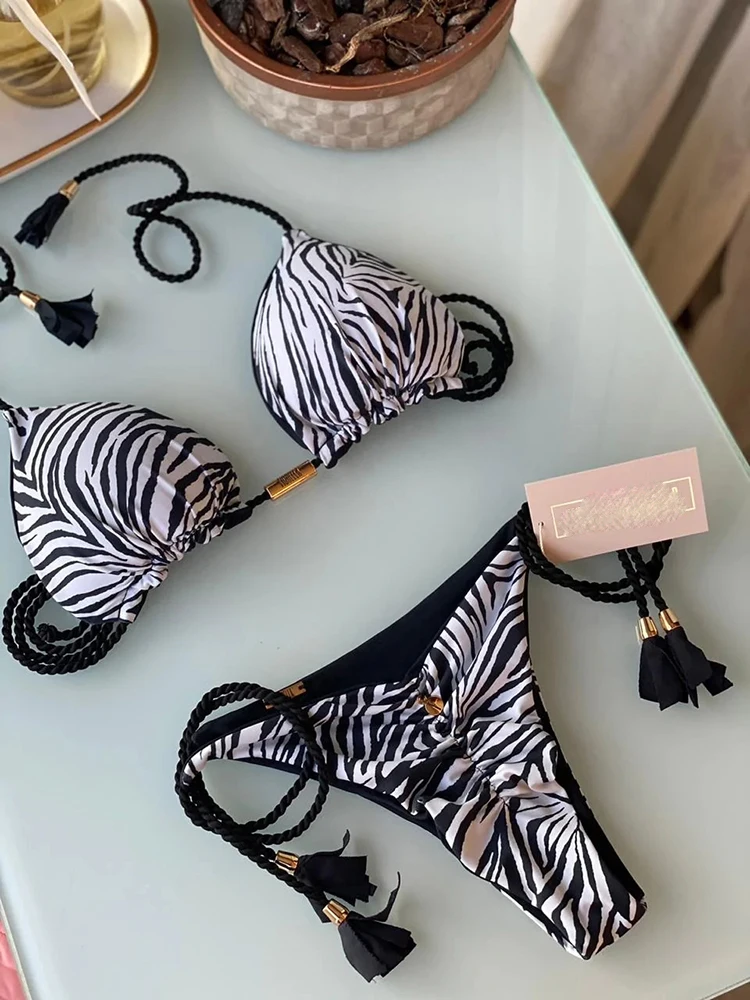 Women Swimwear Sexy Zebra Striped Leopard Printed Bikini Set Tie Dye Two-piece Drawstring Beachwear