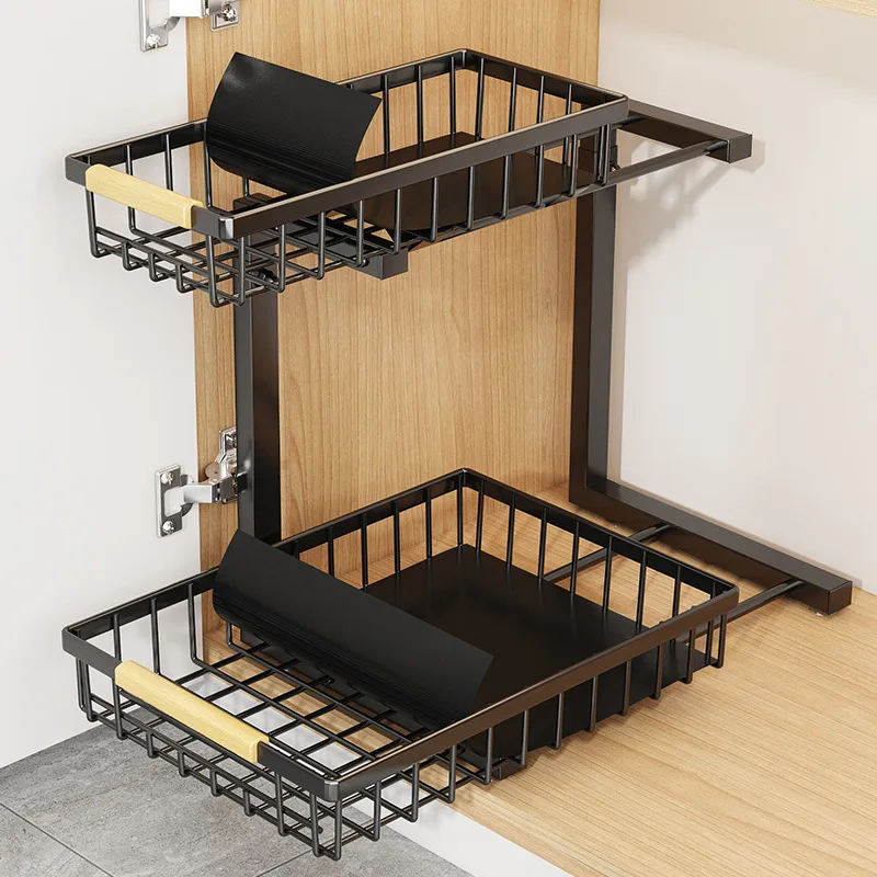 Two-level metal storage rack shown assembled under a sink