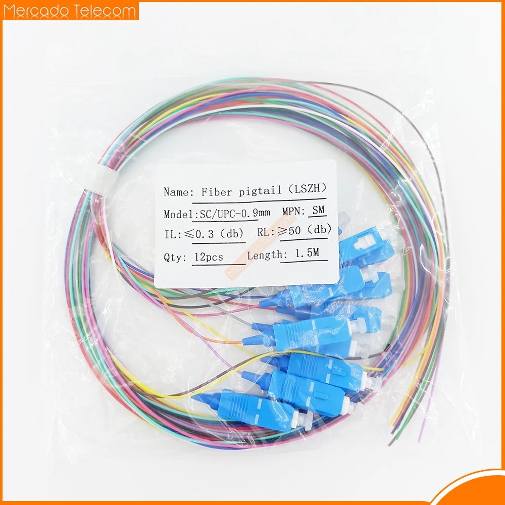 12 colored SC pigtail 1M/1.5mtr SM 9/125um 0.9mm optical fiber cable ftth A class ferrule
