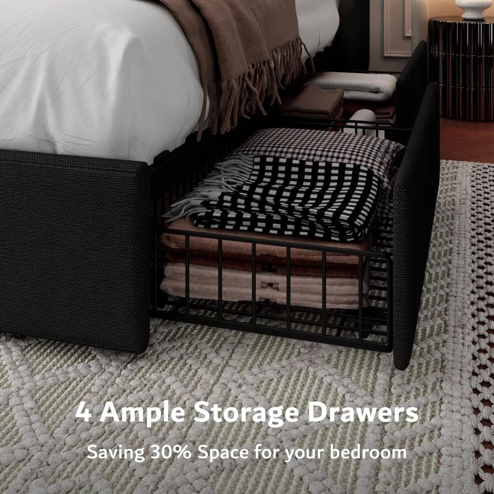 iPormis Full Size Bed Frame with 4 Storage Drawers, Upholstered Platform Bed Frame with Type-C & USB Ports, Wingback Storage Hea