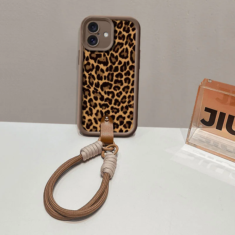 Leopard Print Soft Shockproof Case with Hang Strap Lanyard Wrist Chain