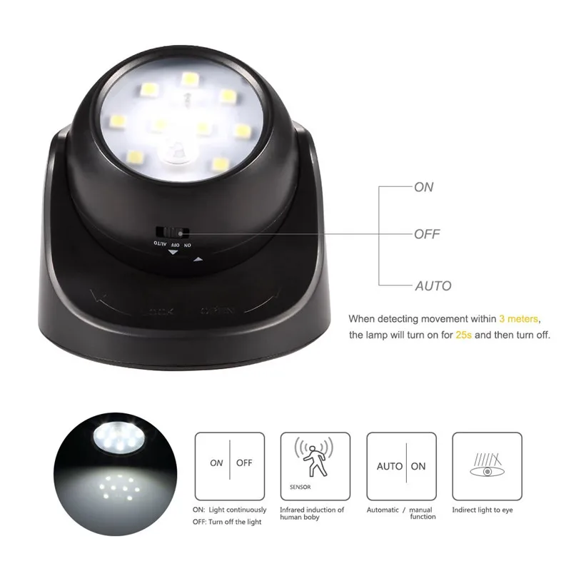 9 LED Wireless Motion Sensor Night Light 360 Degree Rotation Night Light Night Lamp Wall Light Lamp Battery Power Auto On Off 3