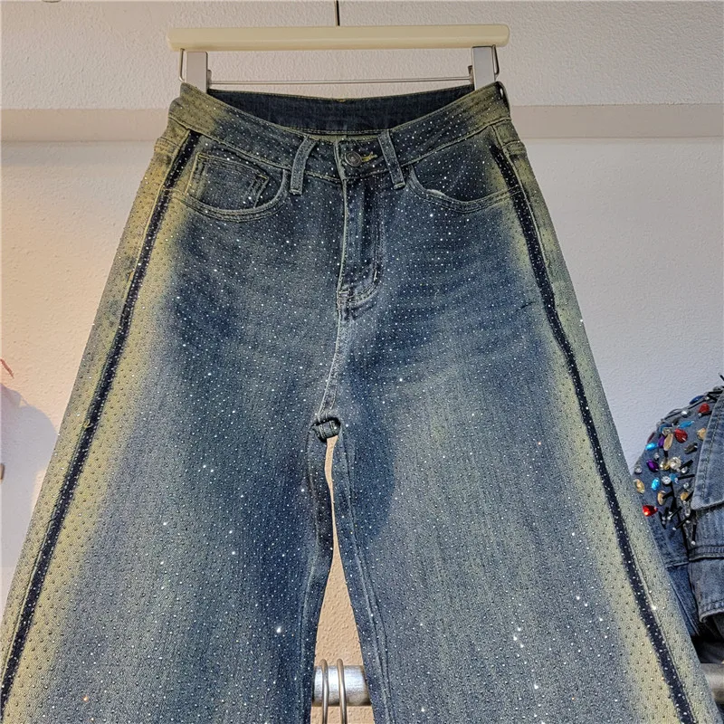 Full Diamond Jeans Women's Clothes Fashionable 2024 Spring New High Waist Loose Slimming Heavy Industry Wide-Leg Pants Trousers